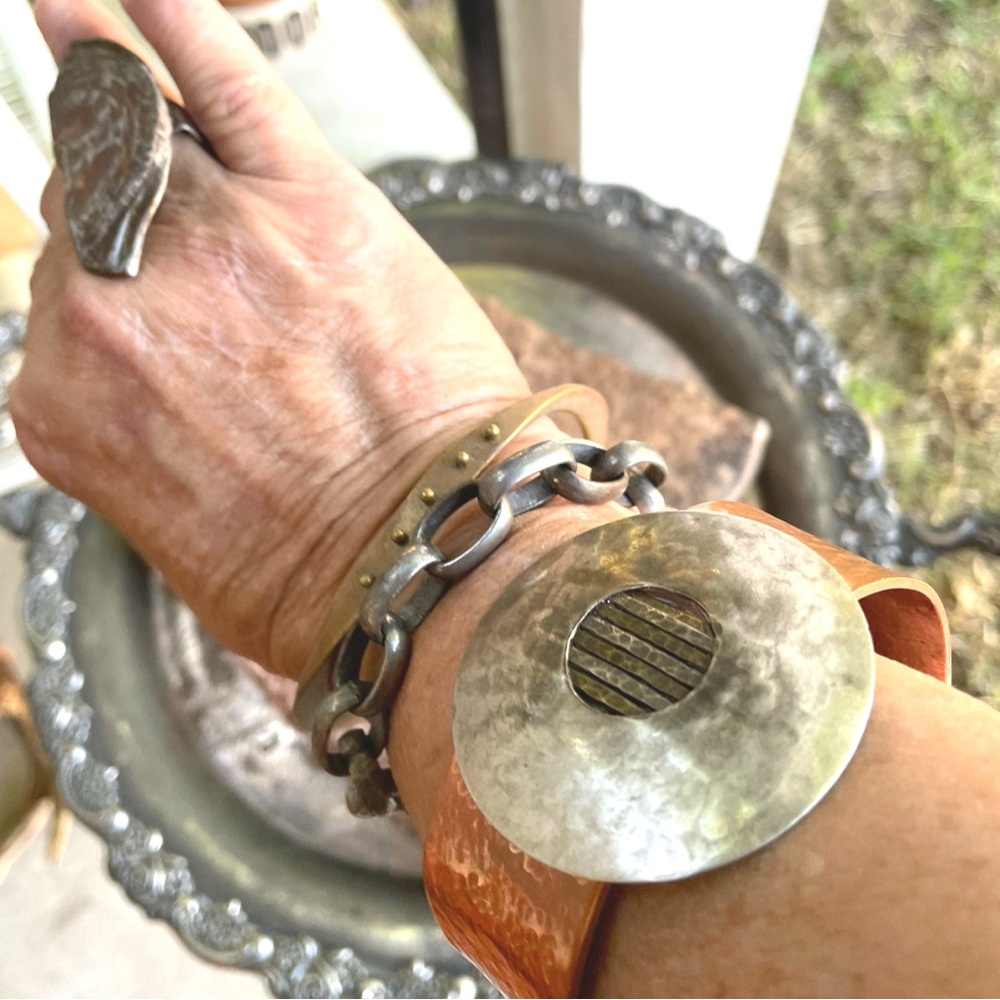 Blacksmiths Handcrafted Hammered Copper Cuff Bracelet Upcycled Vintage Silver - Picture 1 of 11